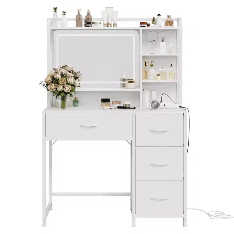 Vanity Desk with Mirror and Lights, 35.4 Makeup Vanity Table with 4 Fabric Drawers & Storage Shelves, Adjustable LED Lights,Vanity Table for Bedroom