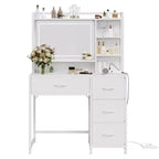 Vanity Desk with Mirror and Lights, 35.4 Makeup Vanity Table with 4 Fabric Drawers & Storage Shelves, Adjustable LED Lights,Vanity Table for Bedroom