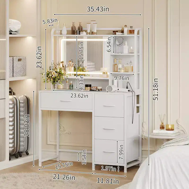 Vanity Desk with Mirror and Lights, 35.4 Makeup Vanity Table with 4 Fabric Drawers & Storage Shelves, Adjustable LED Lights,Vanity Table for Bedroom