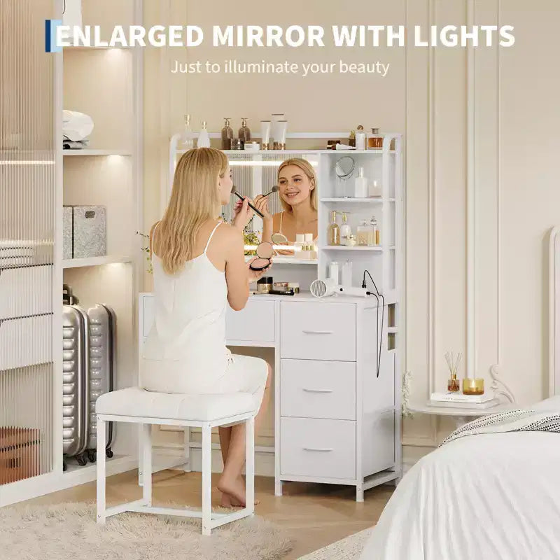 Vanity Desk with Mirror and Lights, 35.4 Makeup Vanity Table with 4 Fabric Drawers & Storage Shelves, Adjustable LED Lights,Vanity Table for Bedroom