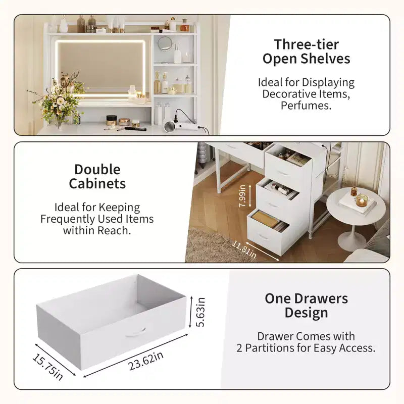 Vanity Desk with Mirror and Lights, 35.4 Makeup Vanity Table with 4 Fabric Drawers & Storage Shelves, Adjustable LED Lights,Vanity Table for Bedroom