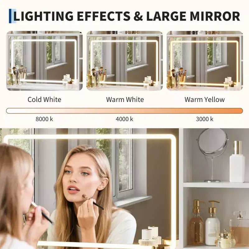 Vanity Desk with Mirror and Lights, 35.4 Makeup Vanity Table with 4 Fabric Drawers & Storage Shelves, Adjustable LED Lights,Vanity Table for Bedroom