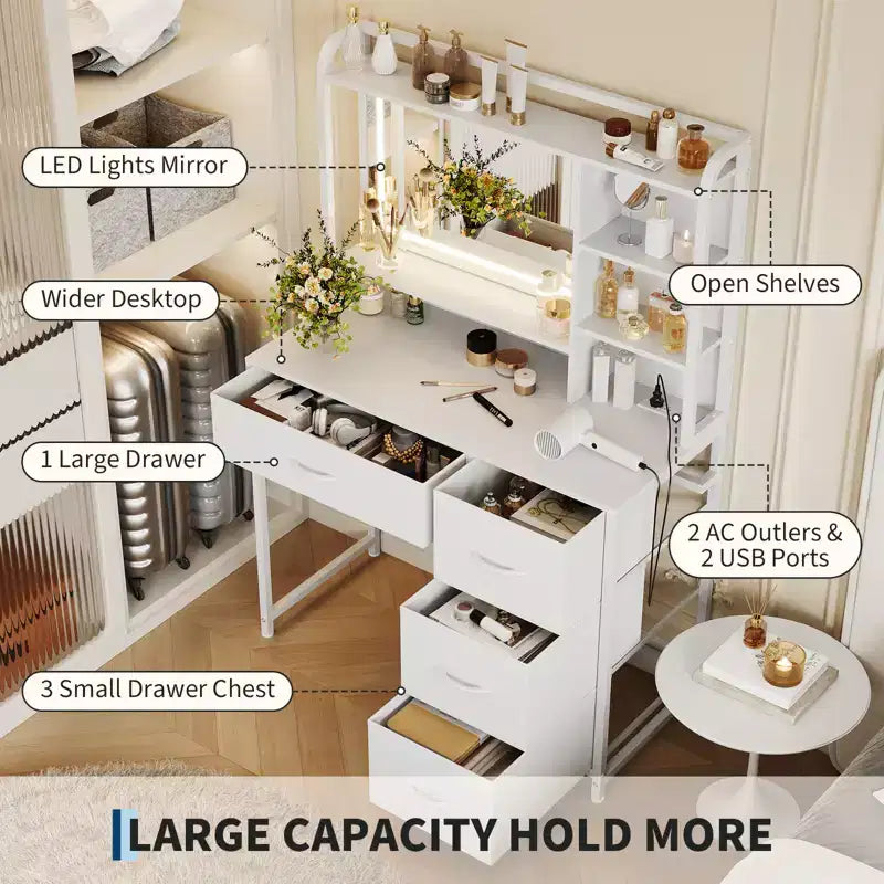 Vanity Desk with Mirror and Lights, 35.4 Makeup Vanity Table with 4 Fabric Drawers & Storage Shelves, Adjustable LED Lights,Vanity Table for Bedroom