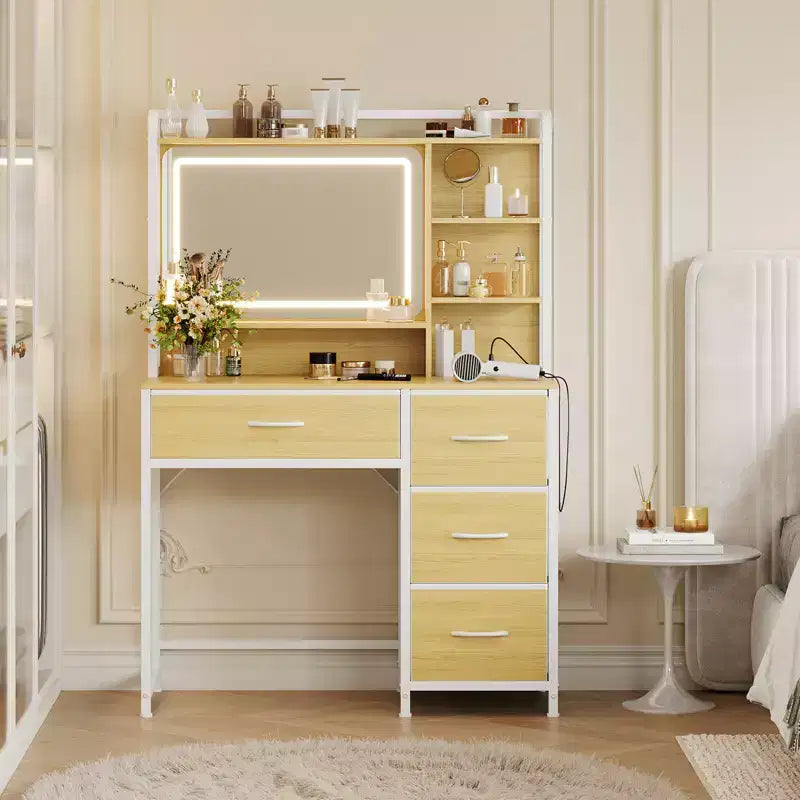 Vanity Desk with Mirror and Lights, 35.4 Makeup Vanity Table with 4 Fabric Drawers & Storage Shelves, Adjustable LED Lights,Vanity Table for Bedroom