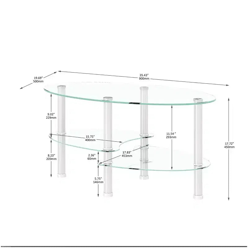 Oval 3-Tier Glass Coffee Table with Oak Legs, Modern Tempered Glass Center Table for Living Room
