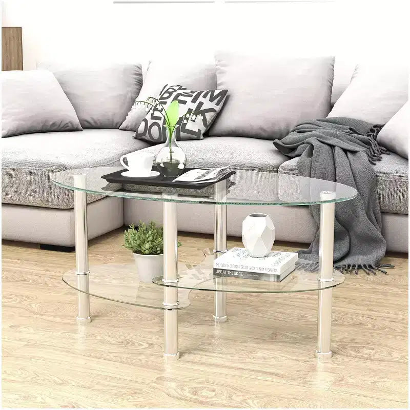 Oval 3-Tier Glass Coffee Table with Oak Legs, Modern Tempered Glass Center Table for Living Room