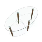 Oval 3-Tier Glass Coffee Table with Oak Legs, Modern Tempered Glass Center Table for Living Room