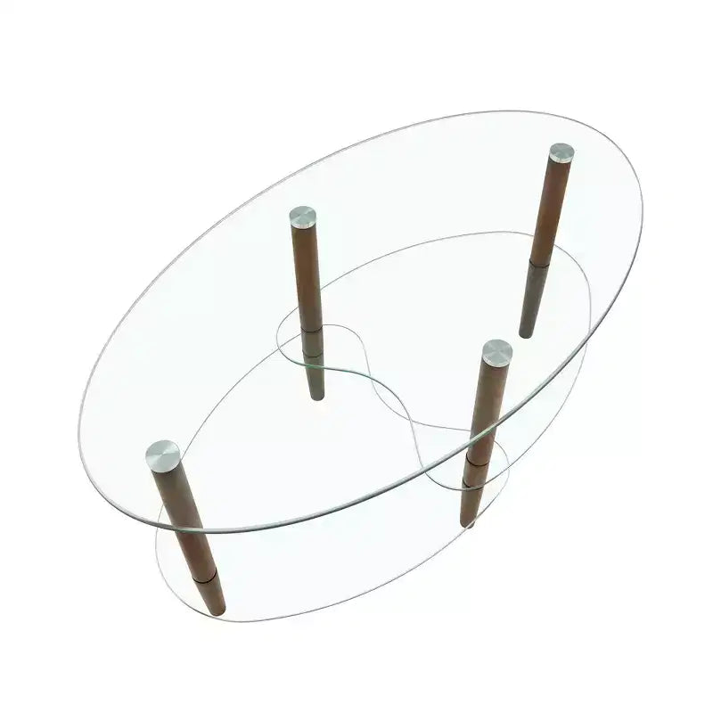 Oval 3-Tier Glass Coffee Table with Oak Legs, Modern Tempered Glass Center Table for Living Room