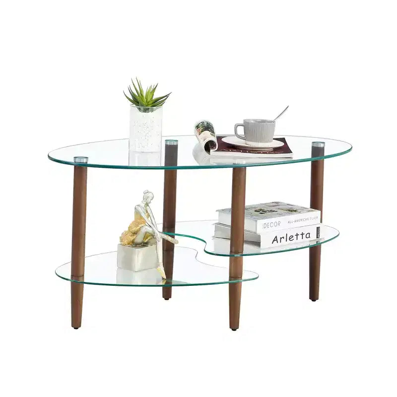 Oval 3-Tier Glass Coffee Table with Oak Legs, Modern Tempered Glass Center Table for Living Room