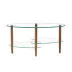 Oval 3-Tier Glass Coffee Table with Oak Legs, Modern Tempered Glass Center Table for Living Room
