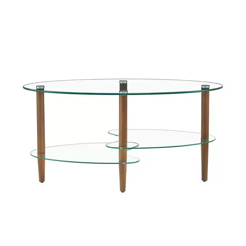 Oval 3-Tier Glass Coffee Table with Oak Legs, Modern Tempered Glass Center Table for Living Room