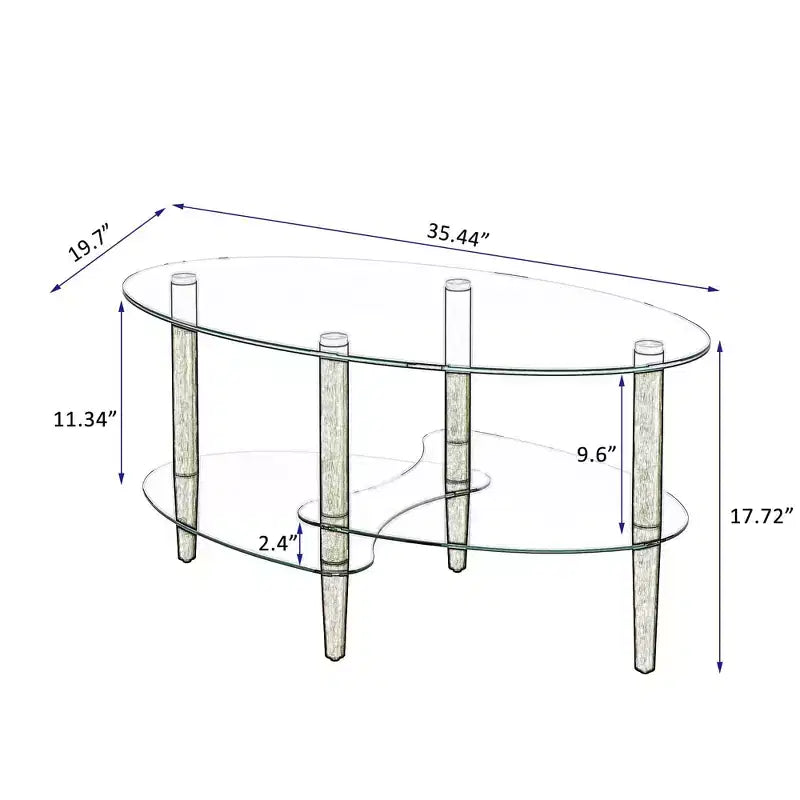 Oval 3-Tier Glass Coffee Table with Oak Legs, Modern Tempered Glass Center Table for Living Room