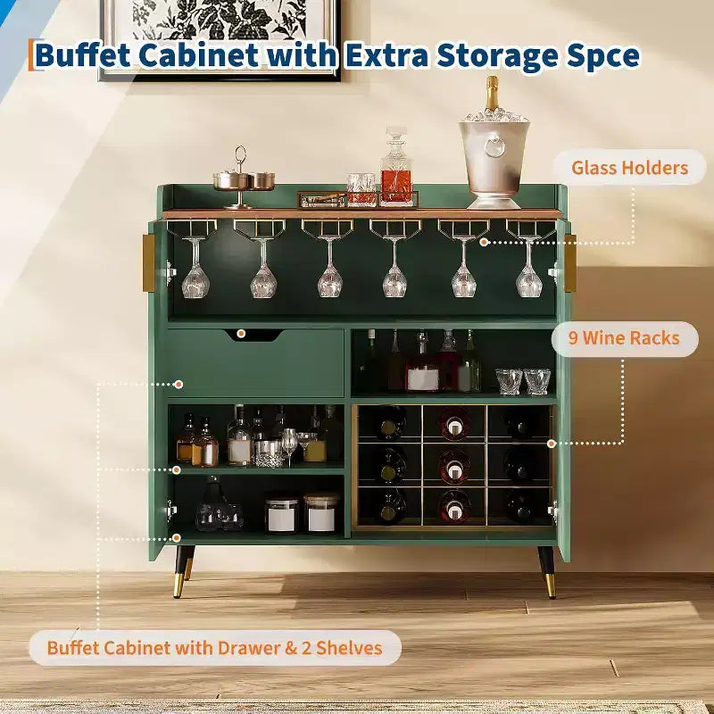 Liquor Cabinet with Wine Racks and Buffet Sideboard, Modern Coffee Bar Cabinet with Fluted Texture and Storage Drawers for Kitchen, Dining Room