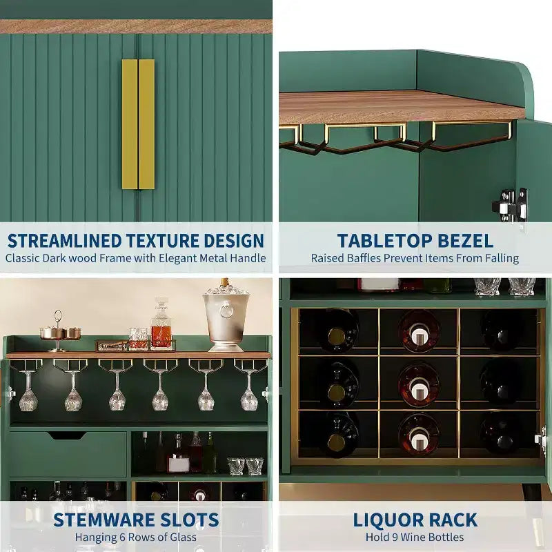 Liquor Cabinet with Wine Racks and Buffet Sideboard, Modern Coffee Bar Cabinet with Fluted Texture and Storage Drawers for Kitchen, Dining Room