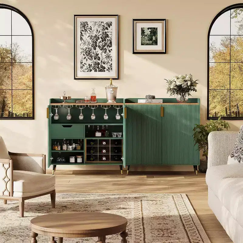 Liquor Cabinet with Wine Racks and Buffet Sideboard, Modern Coffee Bar Cabinet with Fluted Texture and Storage Drawers for Kitchen, Dining Room