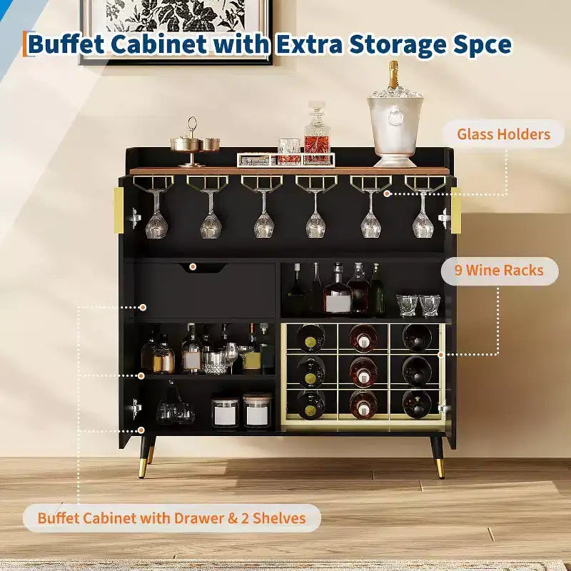Liquor Cabinet with Wine Racks and Buffet Sideboard, Modern Coffee Bar Cabinet with Fluted Texture and Storage Drawers for Kitchen, Dining Room