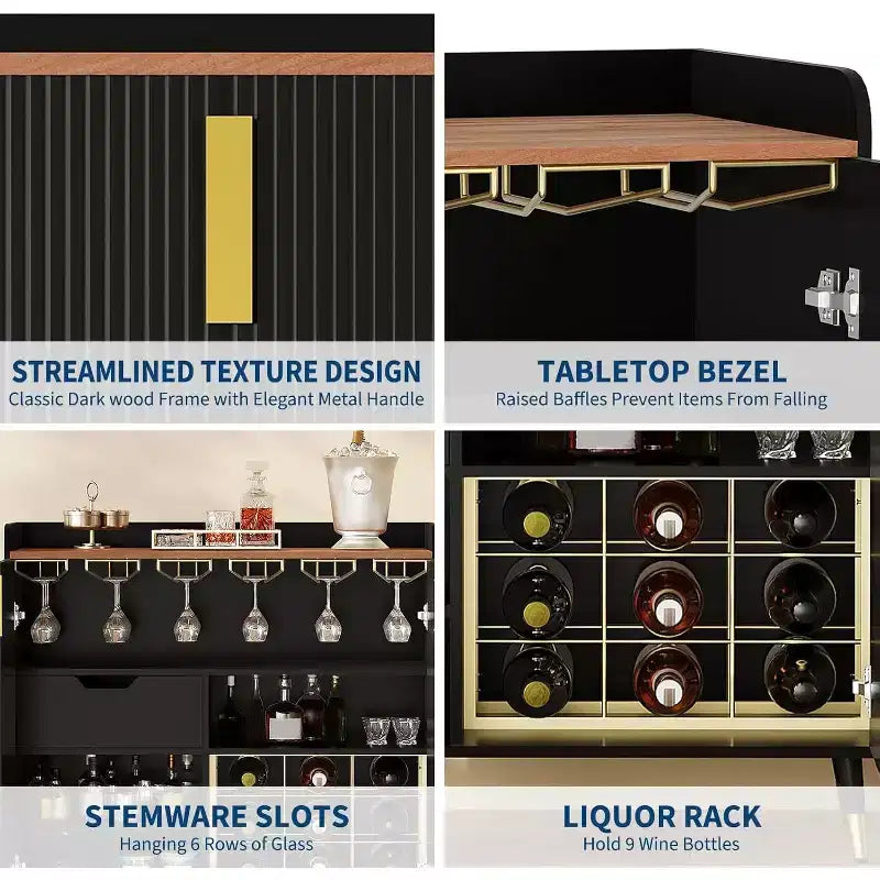 Liquor Cabinet with Wine Racks and Buffet Sideboard, Modern Coffee Bar Cabinet with Fluted Texture and Storage Drawers for Kitchen, Dining Room