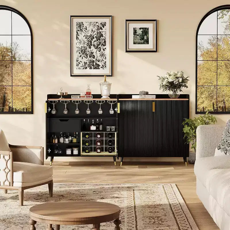 Liquor Cabinet with Wine Racks and Buffet Sideboard, Modern Coffee Bar Cabinet with Fluted Texture and Storage Drawers for Kitchen, Dining Room