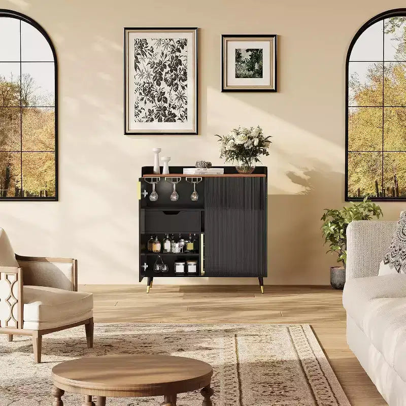 Liquor Cabinet with Wine Racks and Buffet Sideboard, Modern Coffee Bar Cabinet with Fluted Texture and Storage Drawers for Kitchen, Dining Room