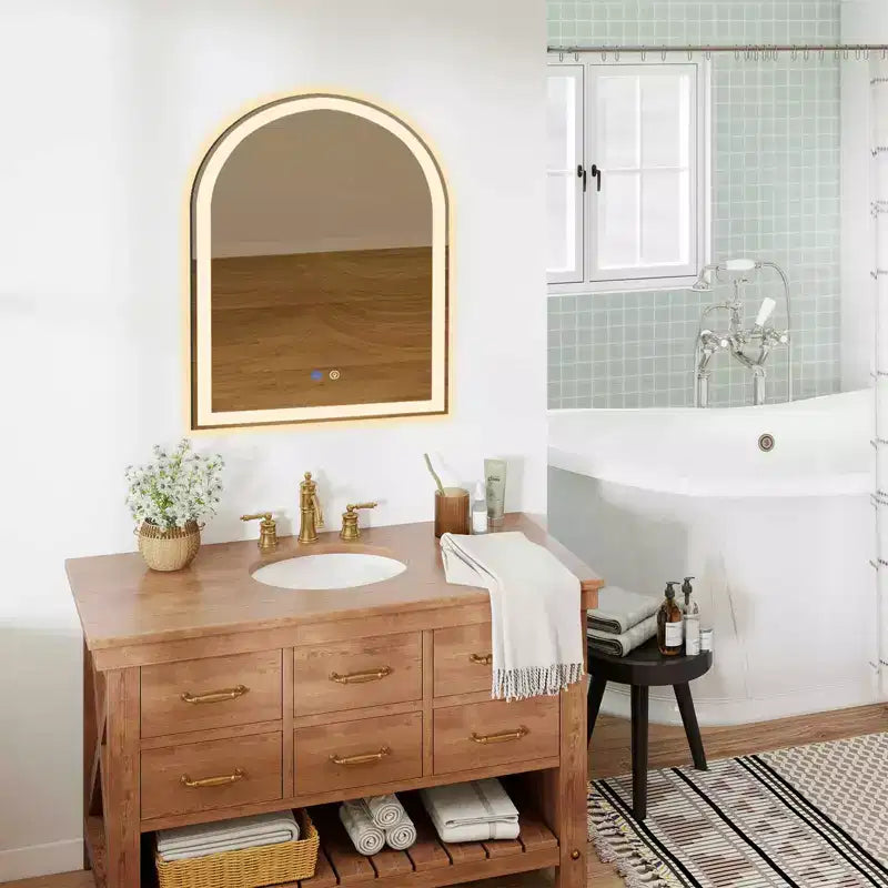 Inch Arched LED Bathroom Mirror with Charging, Anti-fog 3-Color Memory Dimming Dual Light