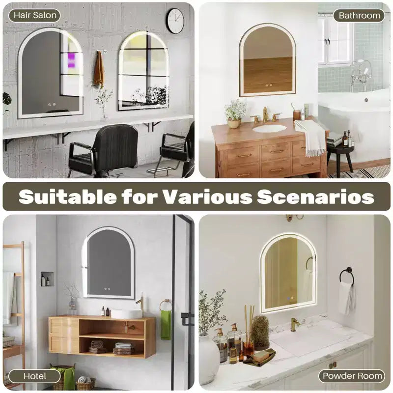 Inch Arched LED Bathroom Mirror with Charging, Anti-fog 3-Color Memory Dimming Dual Light