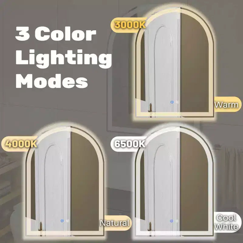 Inch Arched LED Bathroom Mirror with Charging, Anti-fog 3-Color Memory Dimming Dual Light