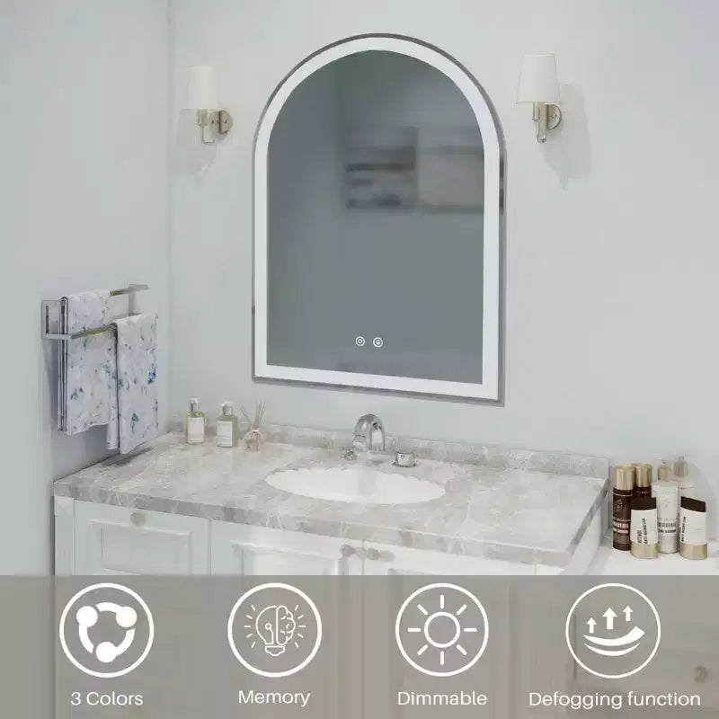 Inch Arched LED Bathroom Mirror with Charging, Anti-fog 3-Color Memory Dimming Dual Light