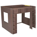 Queen Size Wooden Loft Bed Frame with Storage Cabinets and Shelves