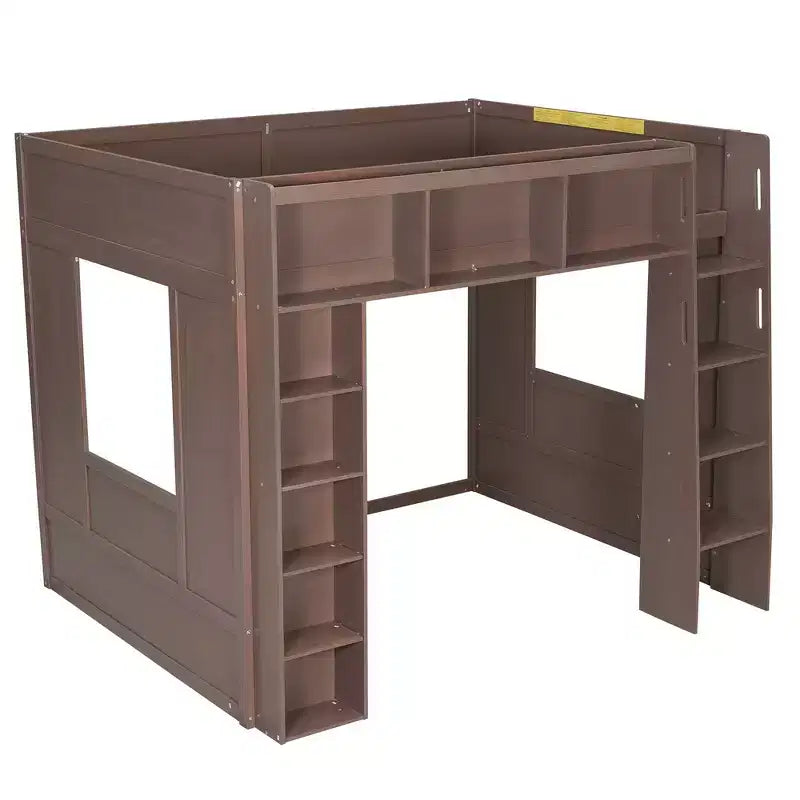 Queen Size Wooden Loft Bed Frame with Storage Cabinets and Shelves