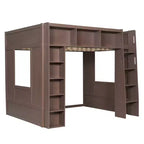Queen Size Wooden Loft Bed Frame with Storage Cabinets and Shelves