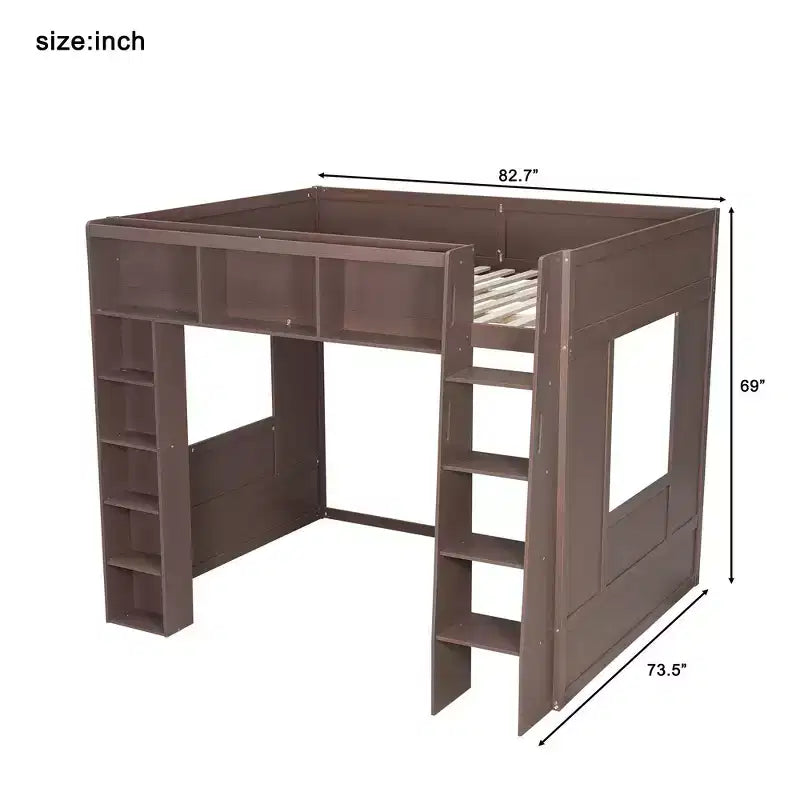 Queen Size Wooden Loft Bed Frame with Storage Cabinets and Shelves