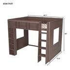 Queen Size Wooden Loft Bed Frame with Storage Cabinets and Shelves