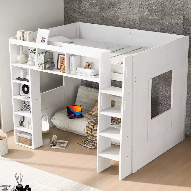 Queen Size Wooden Loft Bed Frame with Storage Cabinets and Shelves