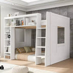 Queen Size Wooden Loft Bed Frame with Storage Cabinets and Shelves