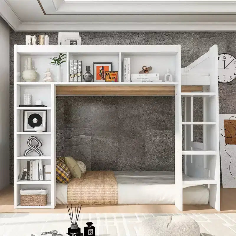 Queen Size Wooden Loft Bed Frame with Storage Cabinets and Shelves