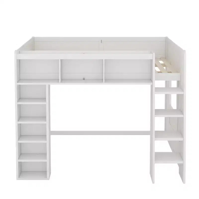 Queen Size Wooden Loft Bed Frame with Storage Cabinets and Shelves
