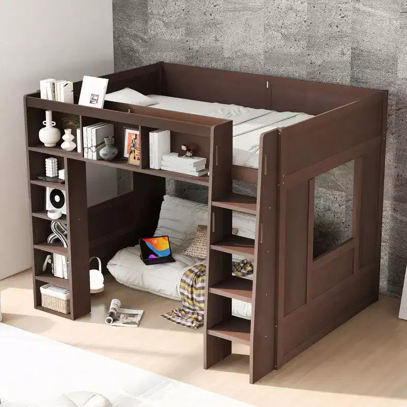 Queen Size Wooden Loft Bed Frame with Storage Cabinets and Shelves