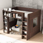 Queen Size Wooden Loft Bed Frame with Storage Cabinets and Shelves