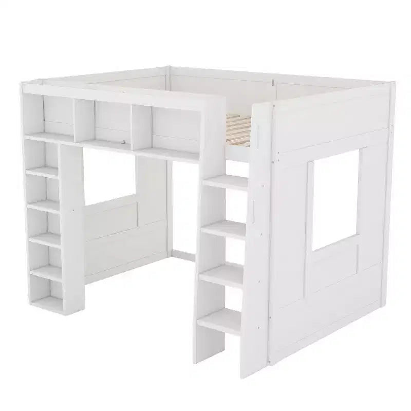 Queen Size Wooden Loft Bed Frame with Storage Cabinets and Shelves