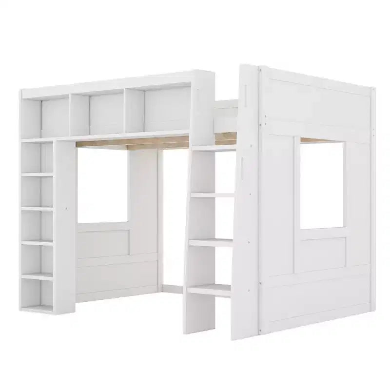 Queen Size Wooden Loft Bed Frame with Storage Cabinets and Shelves