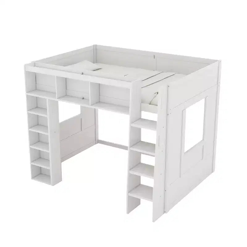 Queen Size Wooden Loft Bed Frame with Storage Cabinets and Shelves