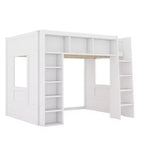 Queen Size Wooden Loft Bed Frame with Storage Cabinets and Shelves