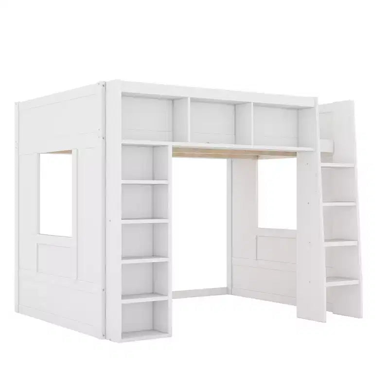 Queen Size Wooden Loft Bed Frame with Storage Cabinets and Shelves