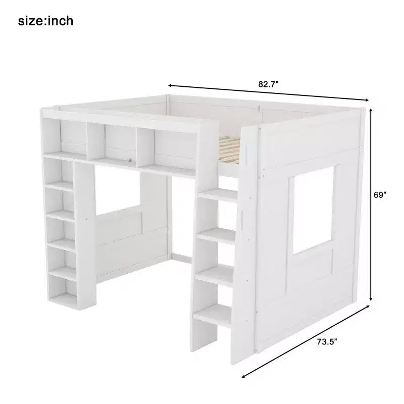 Queen Size Wooden Loft Bed Frame with Storage Cabinets and Shelves