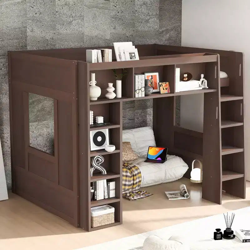 Queen Size Wooden Loft Bed Frame with Storage Cabinets and Shelves