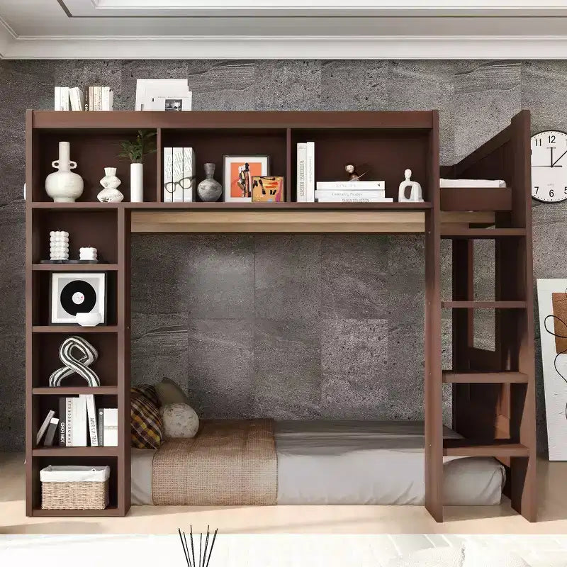 Queen Size Wooden Loft Bed Frame with Storage Cabinets and Shelves