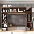 Queen Size Wooden Loft Bed Frame with Storage Cabinets and Shelves