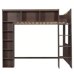 Queen Size Wooden Loft Bed Frame with Storage Cabinets and Shelves