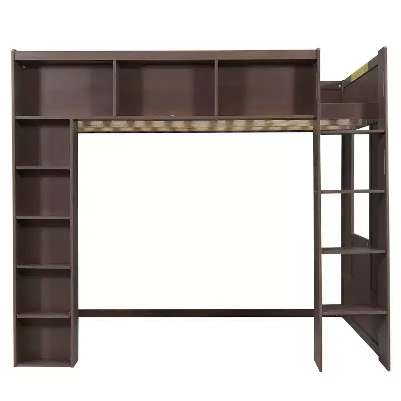 Queen Size Wooden Loft Bed Frame with Storage Cabinets and Shelves