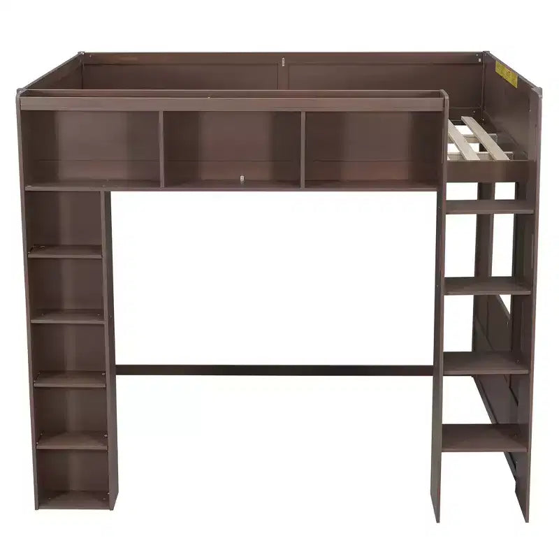 Queen Size Wooden Loft Bed Frame with Storage Cabinets and Shelves